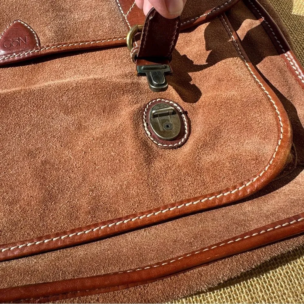 GoN Vintage Leather Suede Briefcase Messenger Bag Brown Plaid Lined 17”